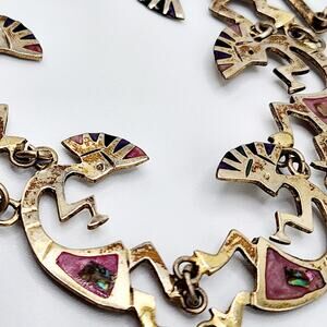 Mexican Alpaca Kokopelli Bib Necklace Vintage Pink Shell and Abalone Inlay 21"